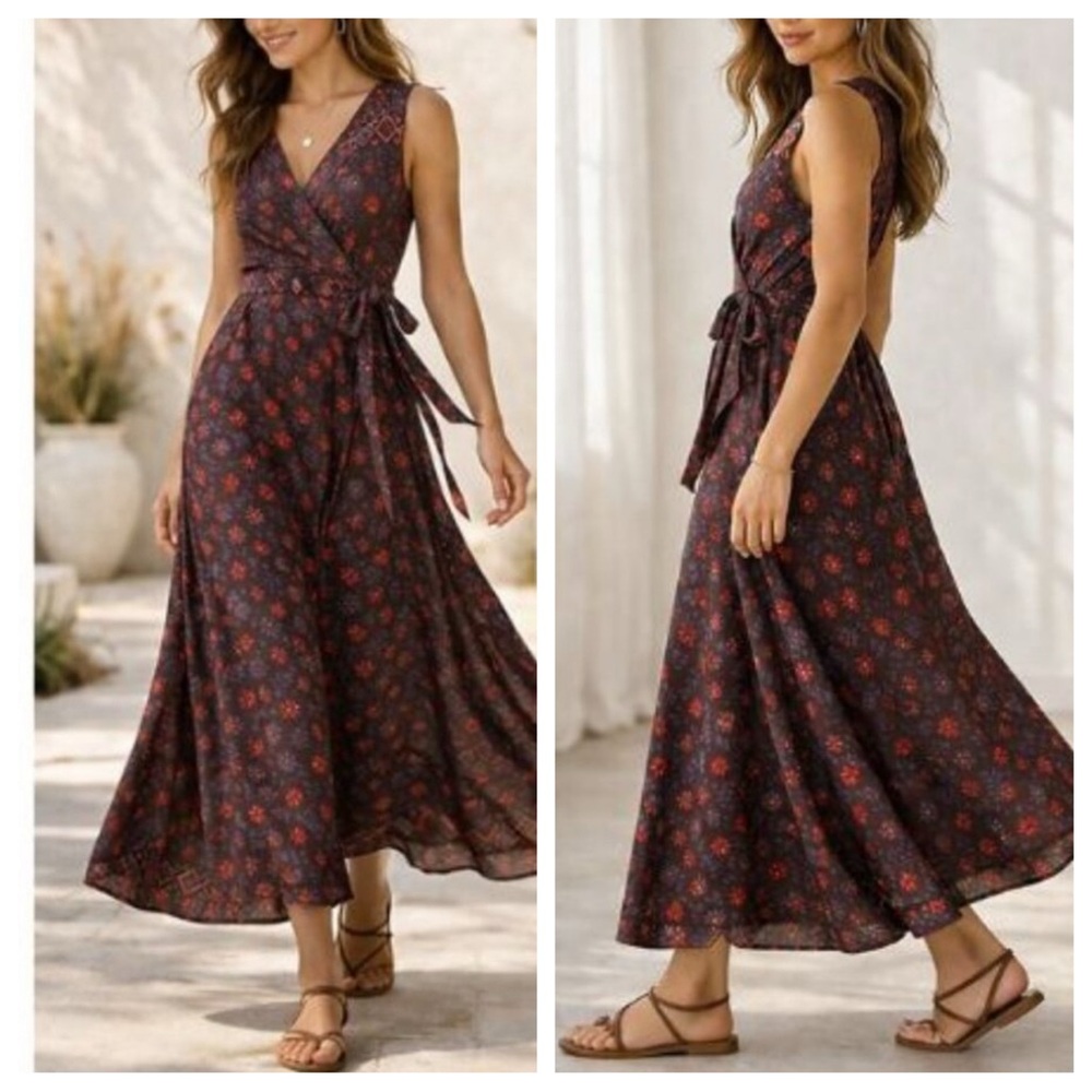 Natalie Martin Black Floral Maxi Dress with Red Accents